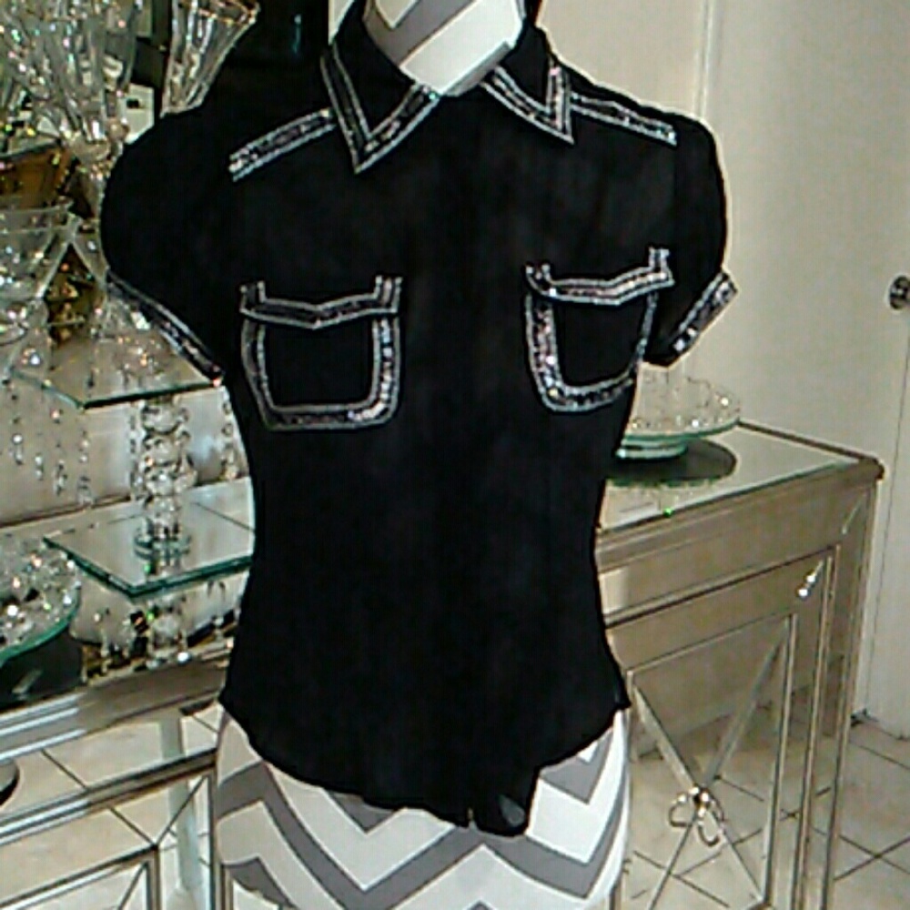 Bebe Black Sheer Sequin accent Top
